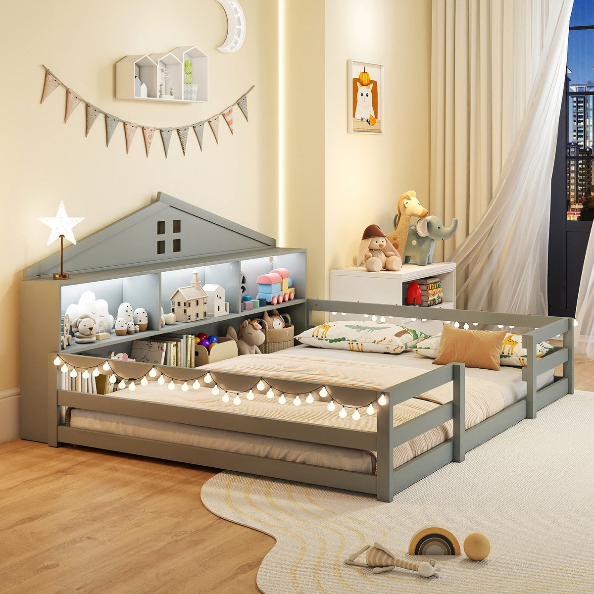 Full Size Montessori Floor Bed with Storage Compartments and Shelf-Gray view 5