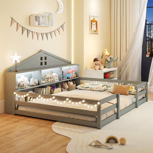 Full Size Montessori Floor Bed with Storage Compartments and Shelf-Gray view 5