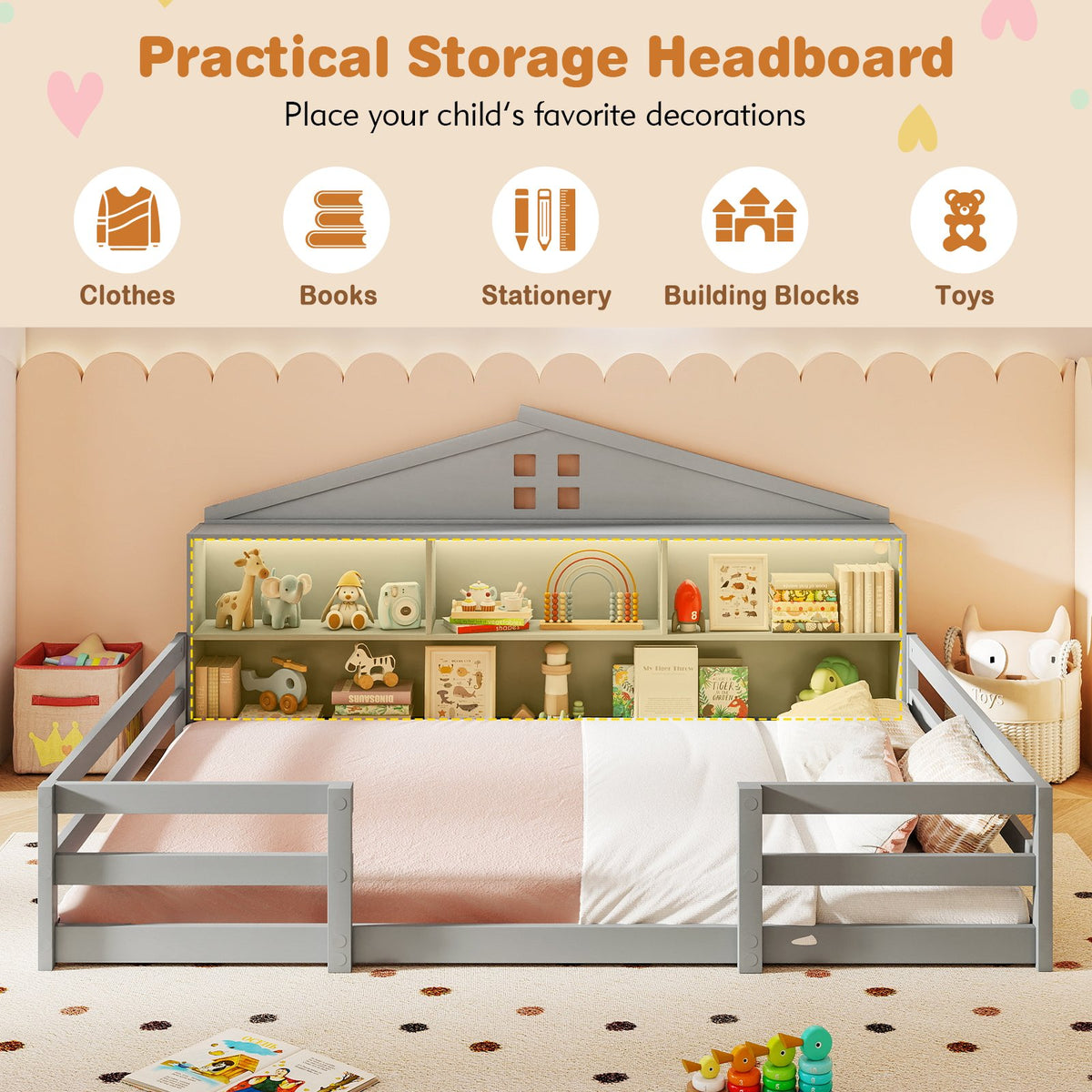 Full Size Montessori Floor Bed with Storage Compartments and Shelf-Gray view 6