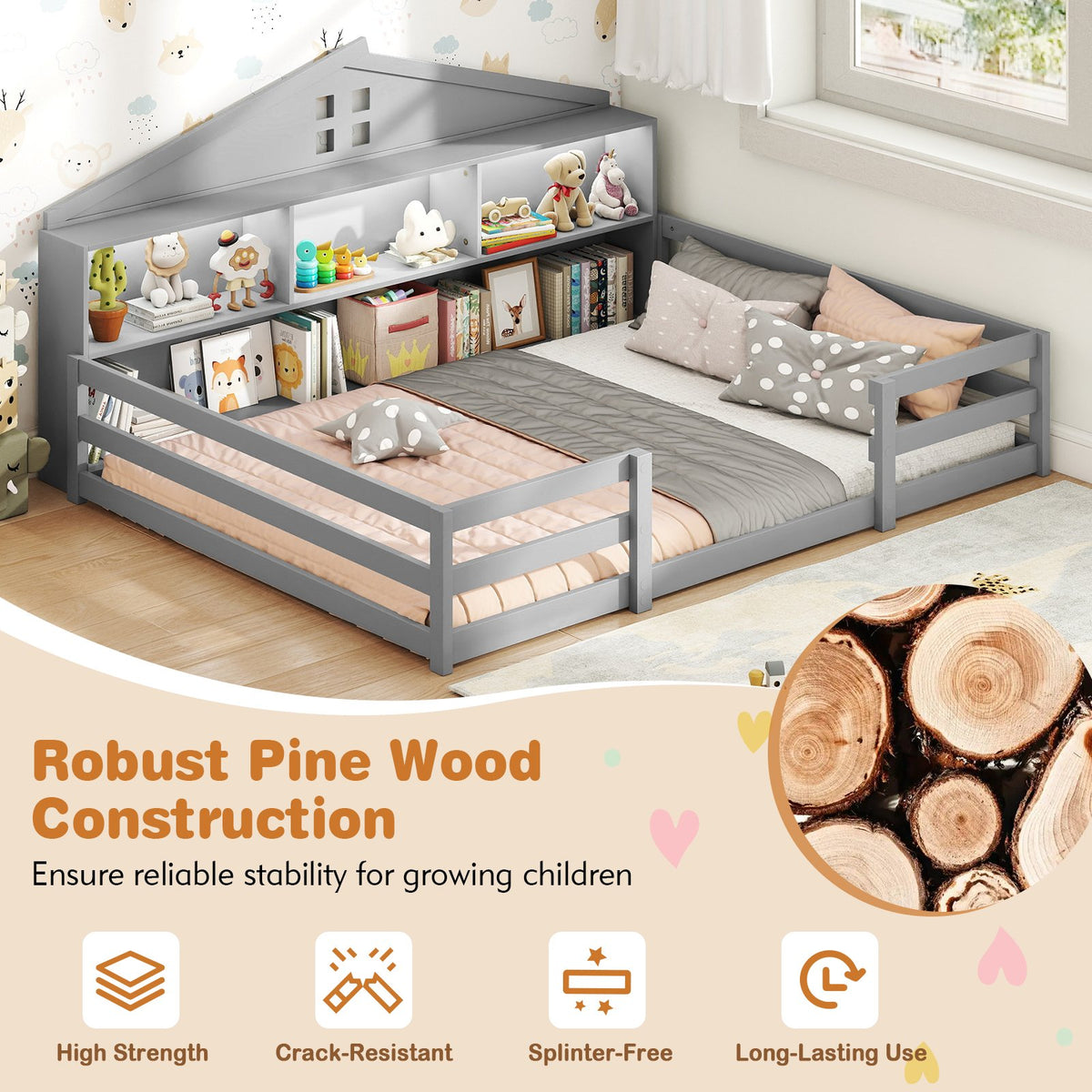 Full Size Montessori Floor Bed with Storage Compartments and Shelf-Gray view 8
