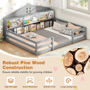 Full Size Montessori Floor Bed with Storage Compartments and Shelf-Gray view 8