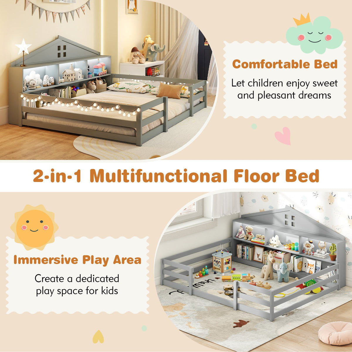 Full Size Montessori Floor Bed with Storage Compartments and Shelf-Gray view 9