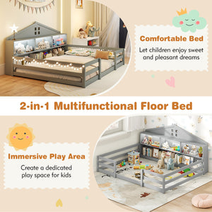 Full Size Montessori Floor Bed with Storage Compartments and Shelf-Gray view 9