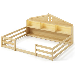 Full Size Montessori Floor Bed with Storage Compartments and Shelf-Natural