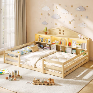 Full Size Montessori Floor Bed with Storage Compartments and Shelf-Natural view 2