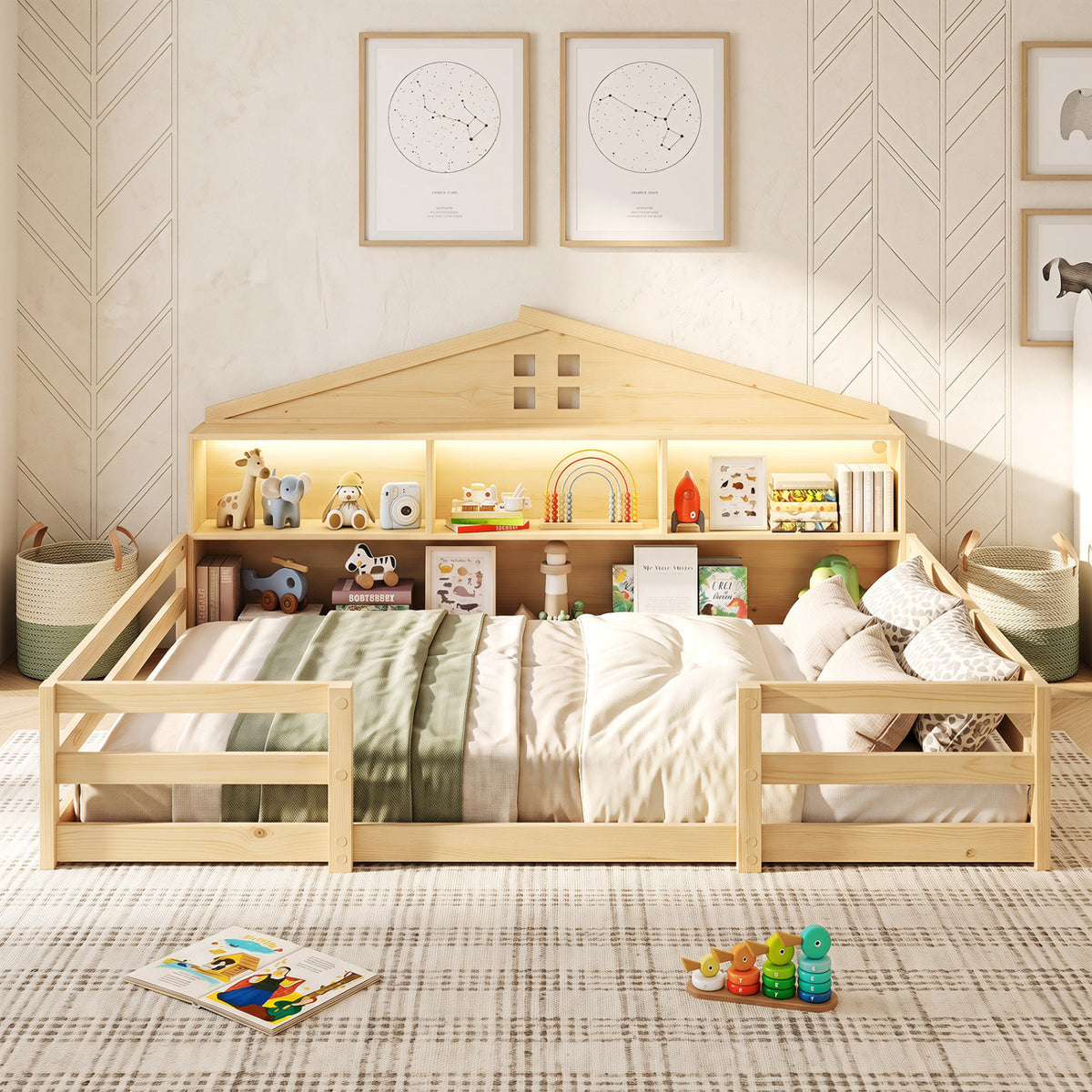 Full Size Montessori Floor Bed with Storage Compartments and Shelf-Natural view 3