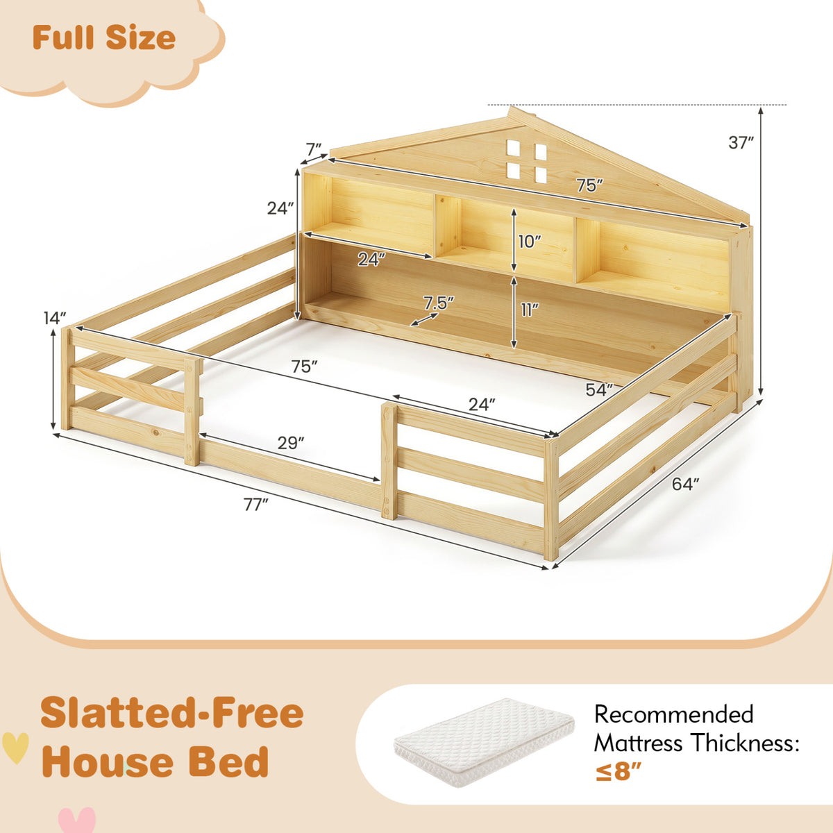 Full Size Montessori Floor Bed with Storage Compartments and Shelf-Natural view 4