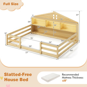 Full Size Montessori Floor Bed with Storage Compartments and Shelf-Natural view 4