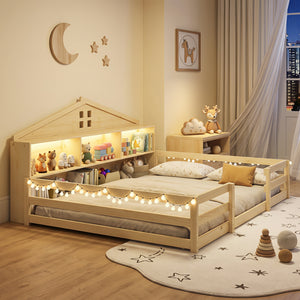 Full Size Montessori Floor Bed with Storage Compartments and Shelf-Natural view 5
