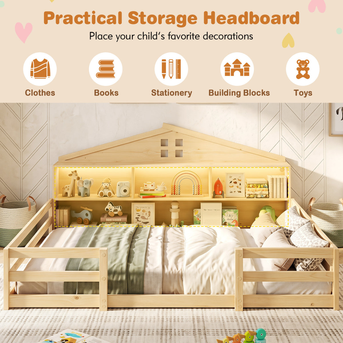 Full Size Montessori Floor Bed with Storage Compartments and Shelf-Natural view 6