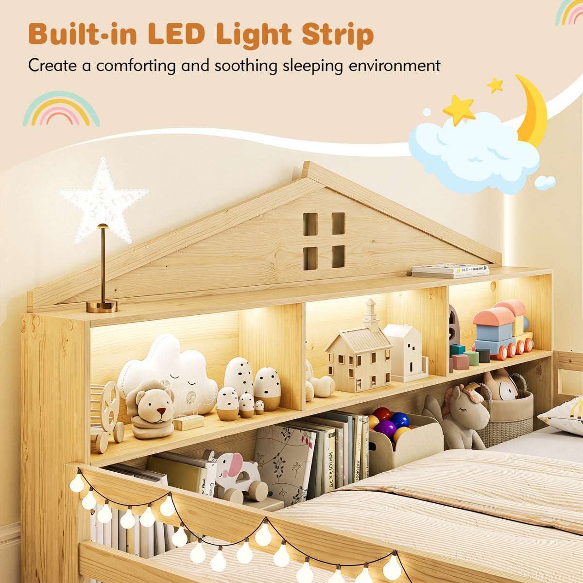 Full Size Montessori Floor Bed with Storage Compartments and Shelf-Natural view 7