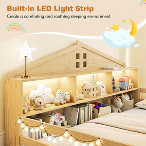 Full Size Montessori Floor Bed with Storage Compartments and Shelf-Natural view 7