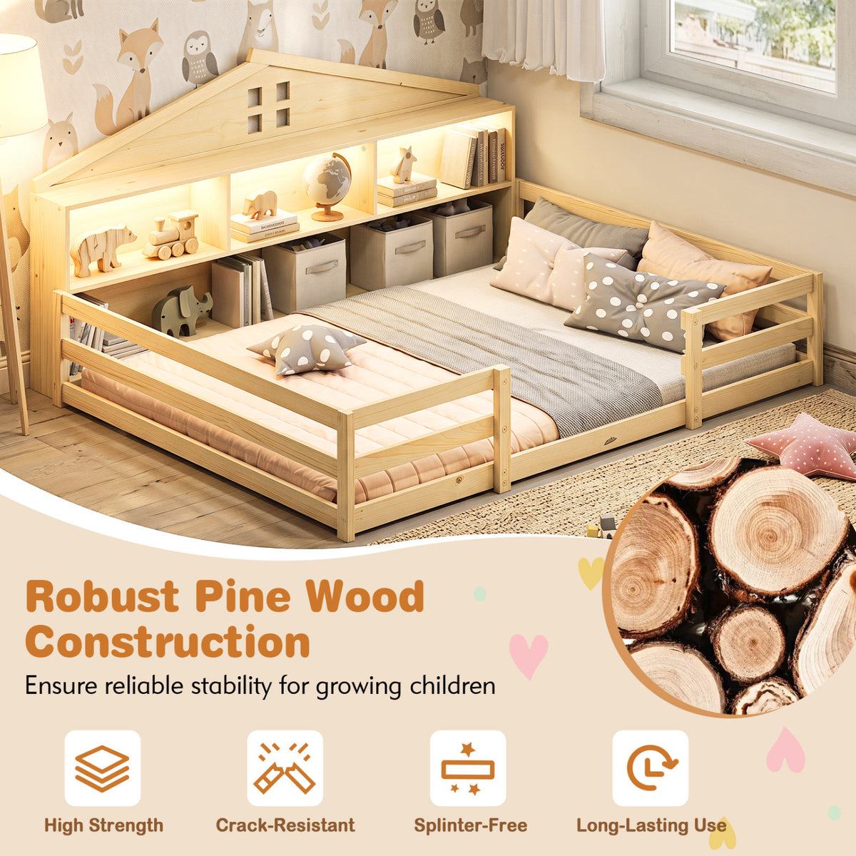 Full Size Montessori Floor Bed with Storage Compartments and Shelf-Natural view 8