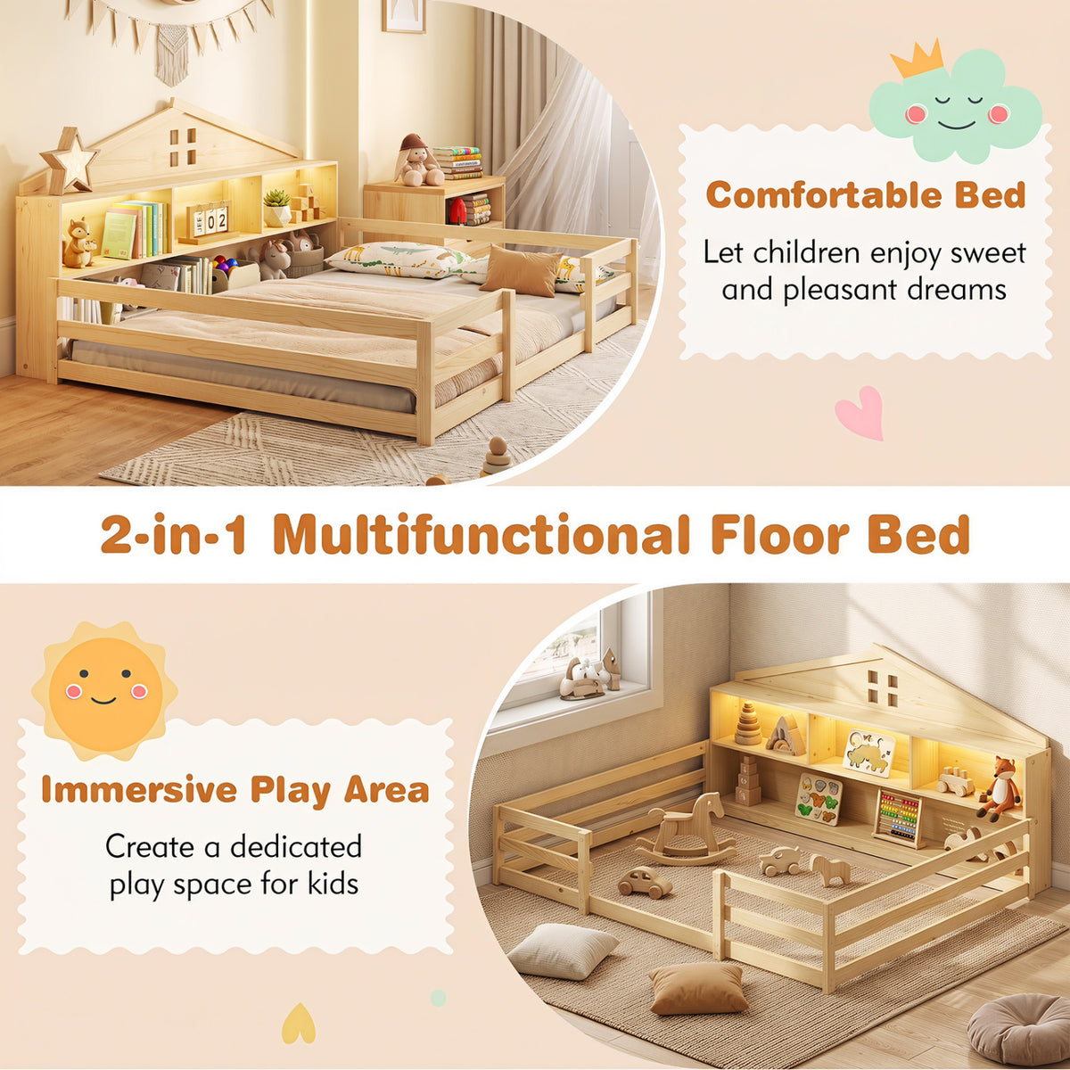 Full Size Montessori Floor Bed with Storage Compartments and Shelf-Natural view 9