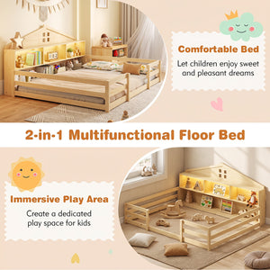 Full Size Montessori Floor Bed with Storage Compartments and Shelf-Natural view 9
