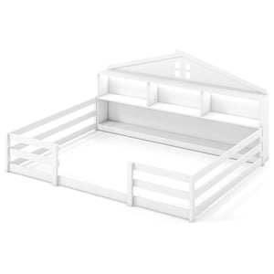 Full Size Montessori Floor Bed with Storage Compartments and Shelf-White