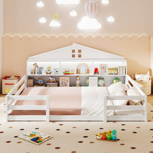 Full Size Montessori Floor Bed with Storage Compartments and Shelf-White view 3
