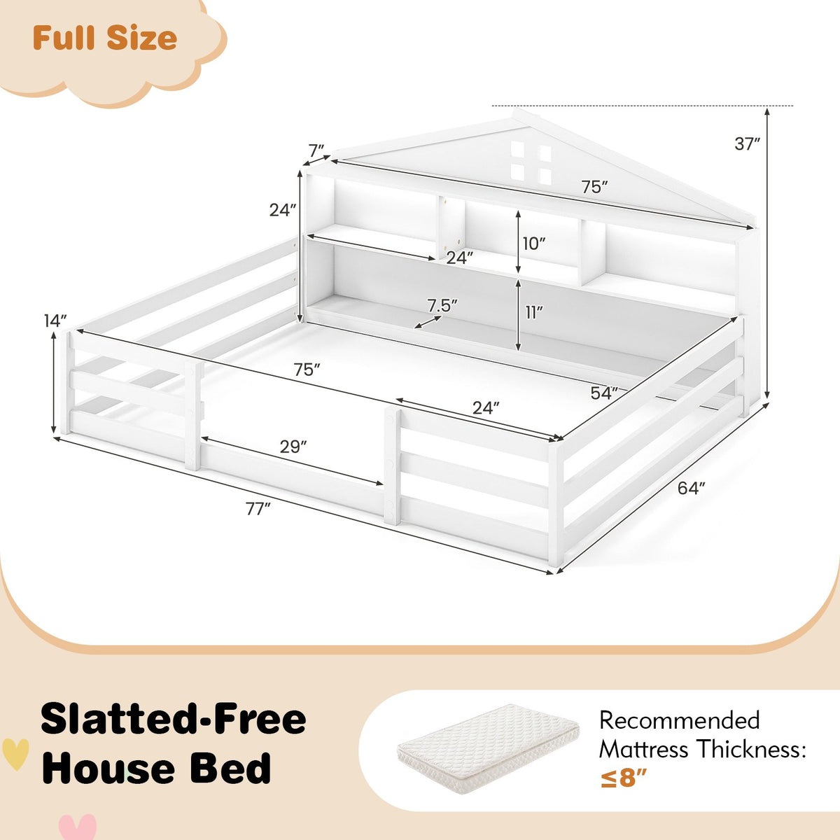 Full Size Montessori Floor Bed with Storage Compartments and Shelf-White view 4