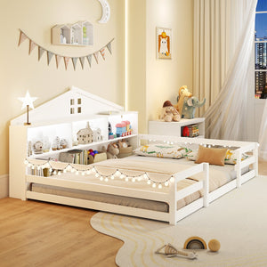 Full Size Montessori Floor Bed with Storage Compartments and Shelf-White view 5