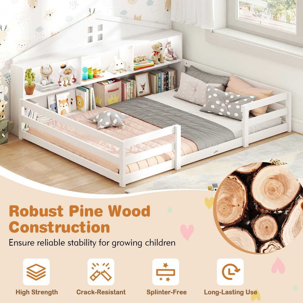 Full Size Montessori Floor Bed with Storage Compartments and Shelf-White view 8