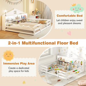 Full Size Montessori Floor Bed with Storage Compartments and Shelf-White view 9