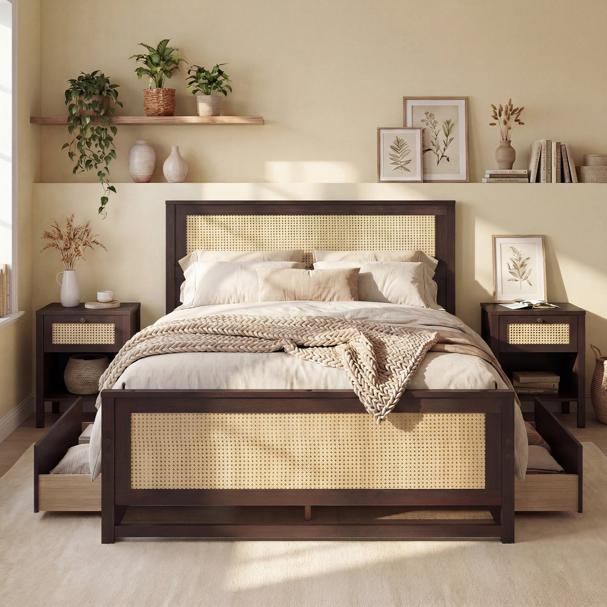 Full Size Rattan Bed Frame with Storage Drawers-Rustic Brown view 3