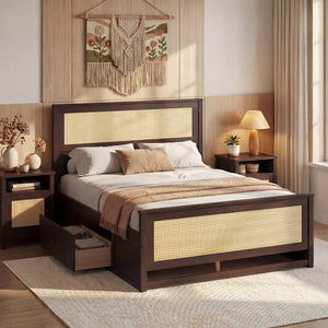 Full Size Rattan Bed Frame with Storage Drawers-Rustic Brown view 6