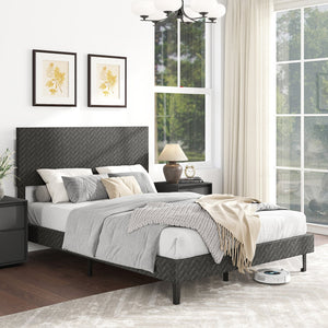 Full Size Velvet Bed Frame Upholstered Platform Bed with Chevron Headboard Gray view 2