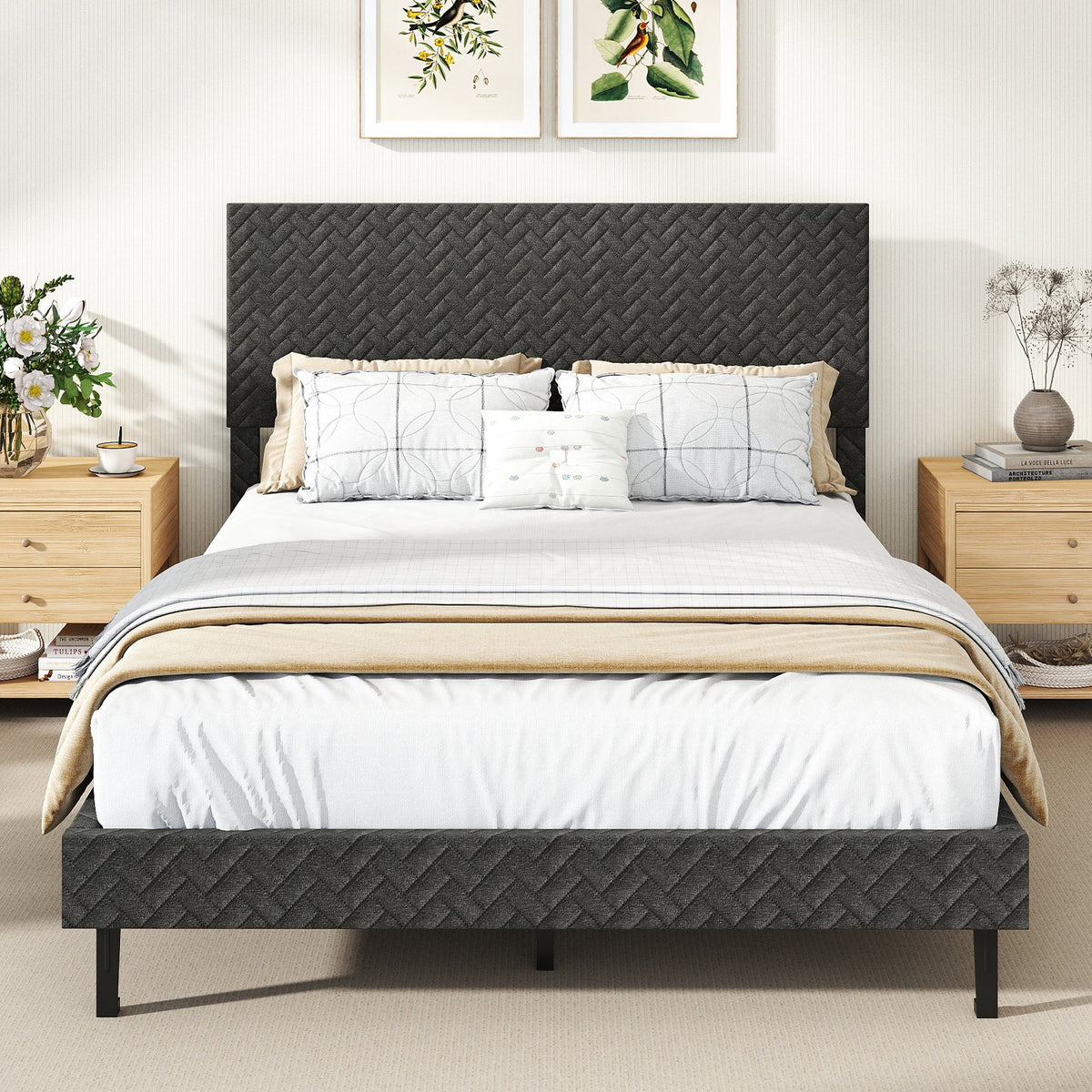 Full Size Velvet Bed Frame Upholstered Platform Bed with Chevron Headboard Gray view 3