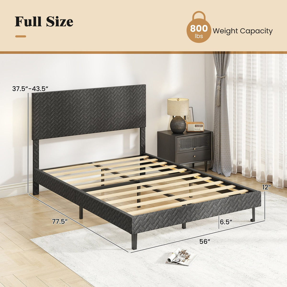 Full Size Velvet Bed Frame Upholstered Platform Bed with Chevron Headboard Gray view 4