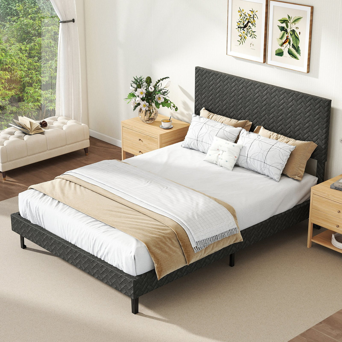 Full Size Velvet Bed Frame Upholstered Platform Bed with Chevron Headboard Gray view 5