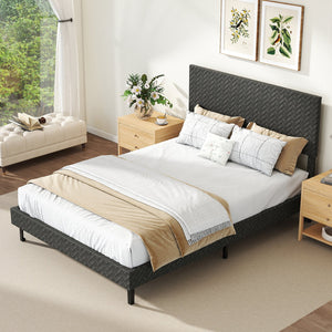 Full Size Velvet Bed Frame Upholstered Platform Bed with Chevron Headboard Gray view 5