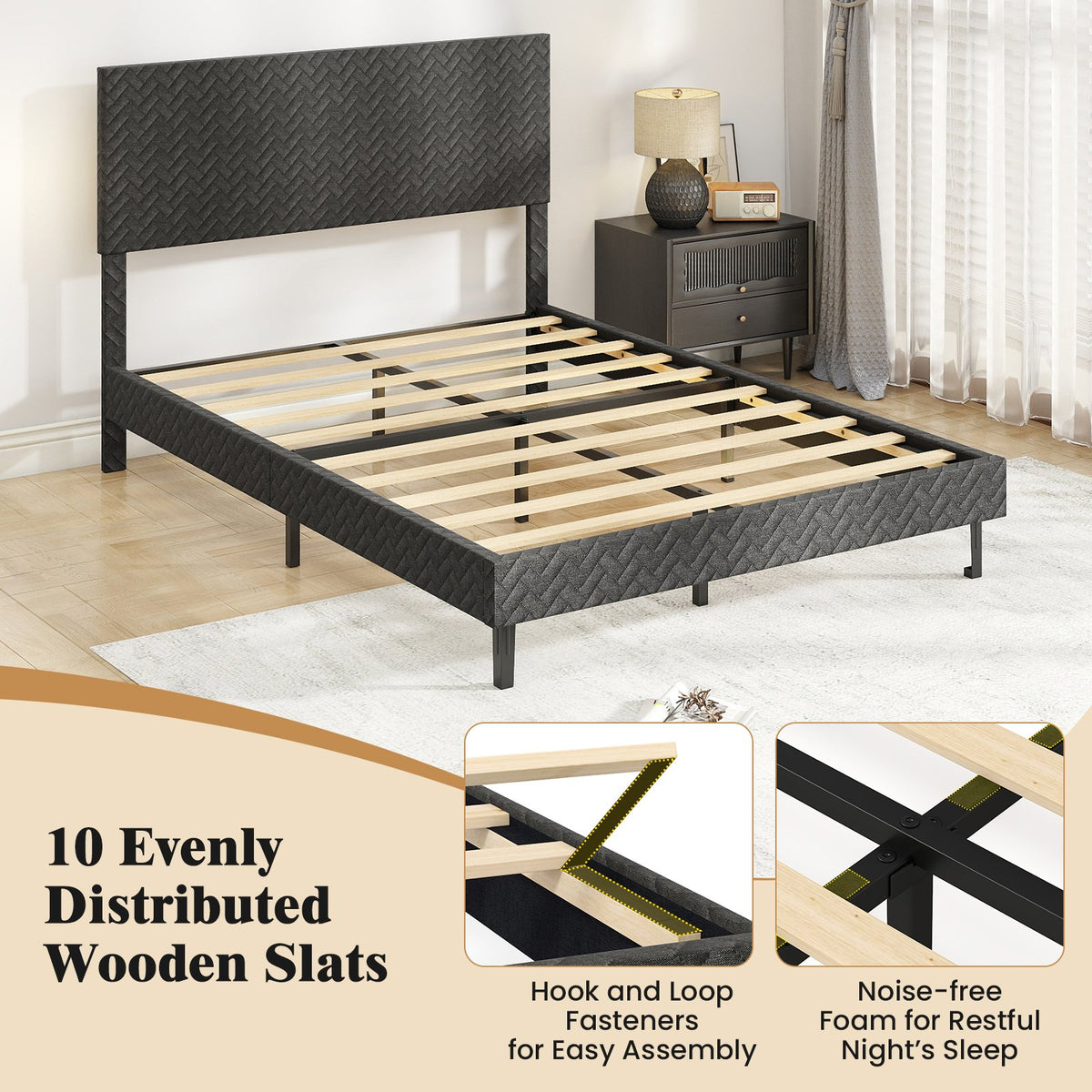 Full Size Velvet Bed Frame Upholstered Platform Bed with Chevron Headboard Gray view 6