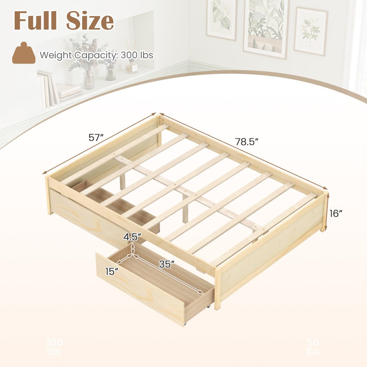 Full Size Wooden Bed Frame with 2 Rolling Storage Drawers-Natural view 4