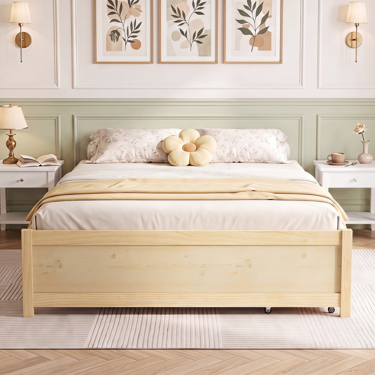 Full Size Wooden Bed Frame with 2 Rolling Storage Drawers-Natural view 5