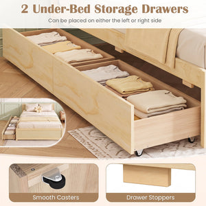 Full Size Wooden Bed Frame with 2 Rolling Storage Drawers-Natural view 7
