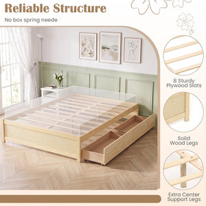 Full Size Wooden Bed Frame with 2 Rolling Storage Drawers-Natural view 9