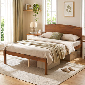 Full Size Wooden Platform Bed Frame with Curved Headboard-Walnut view 2