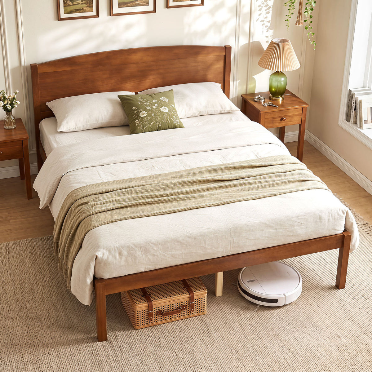Full Size Wooden Platform Bed Frame with Curved Headboard-Walnut view 3