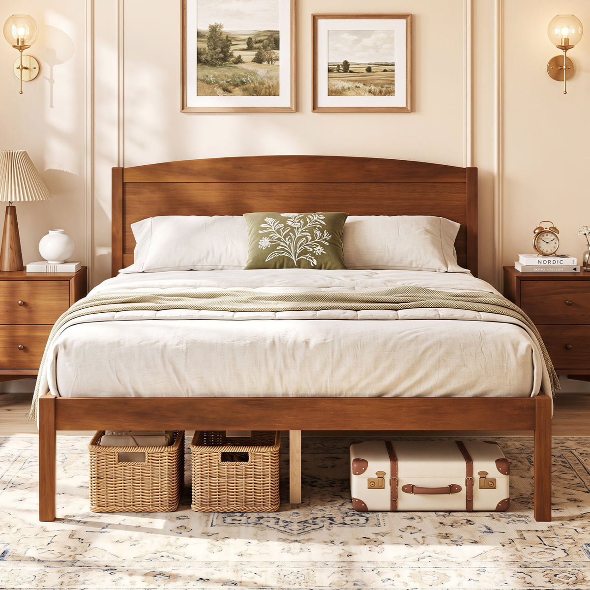 Full Size Wooden Platform Bed Frame with Curved Headboard-Walnut view 5