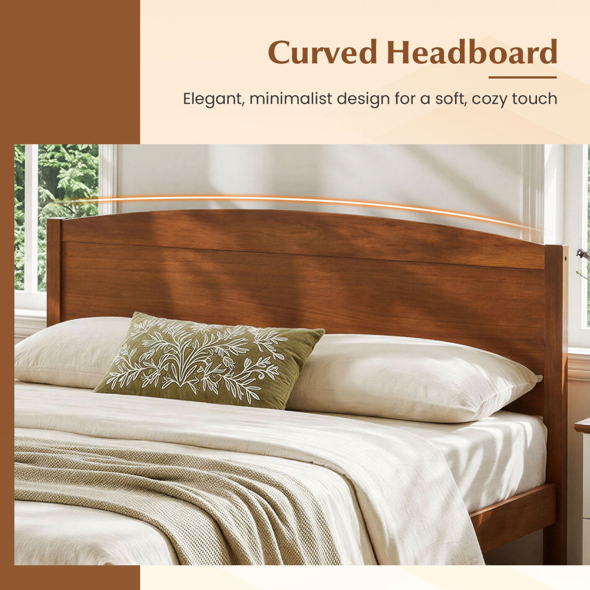 Full Size Wooden Platform Bed Frame with Curved Headboard-Walnut view 6