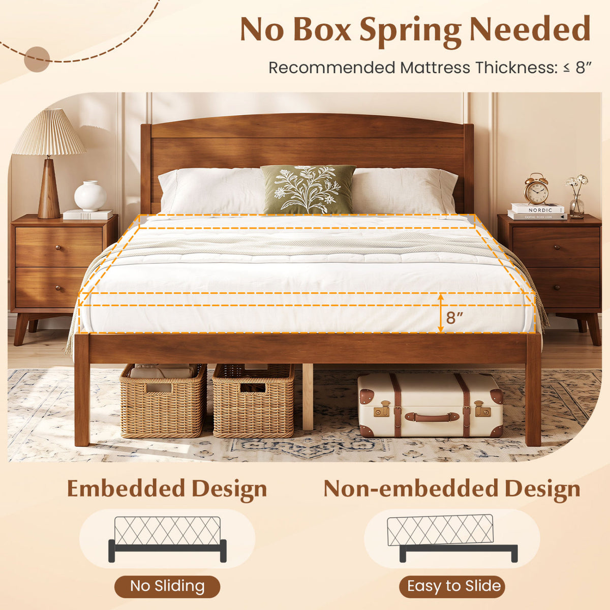 Full Size Wooden Platform Bed Frame with Curved Headboard-Walnut view 8