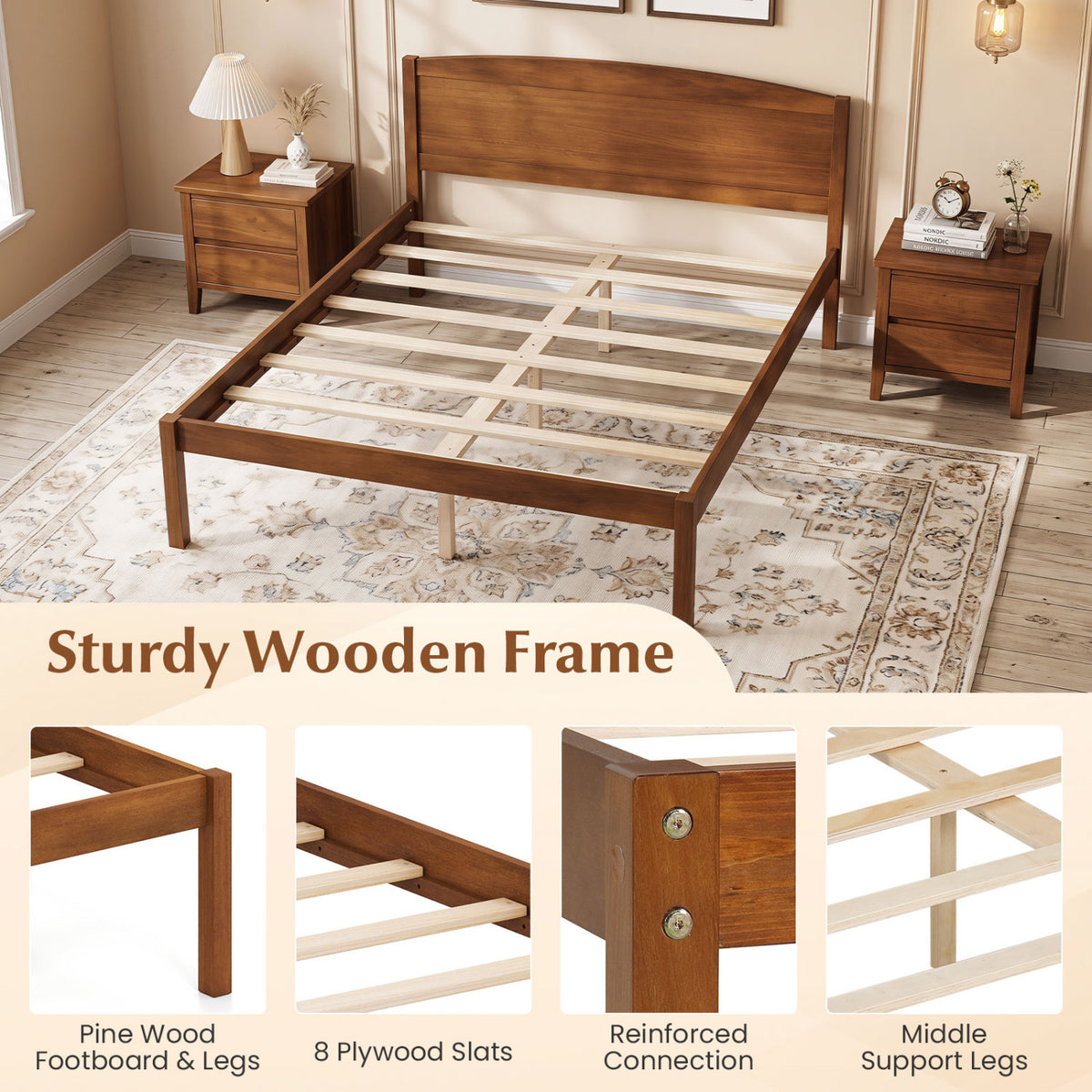 Full Size Wooden Platform Bed Frame with Curved Headboard-Walnut view 9