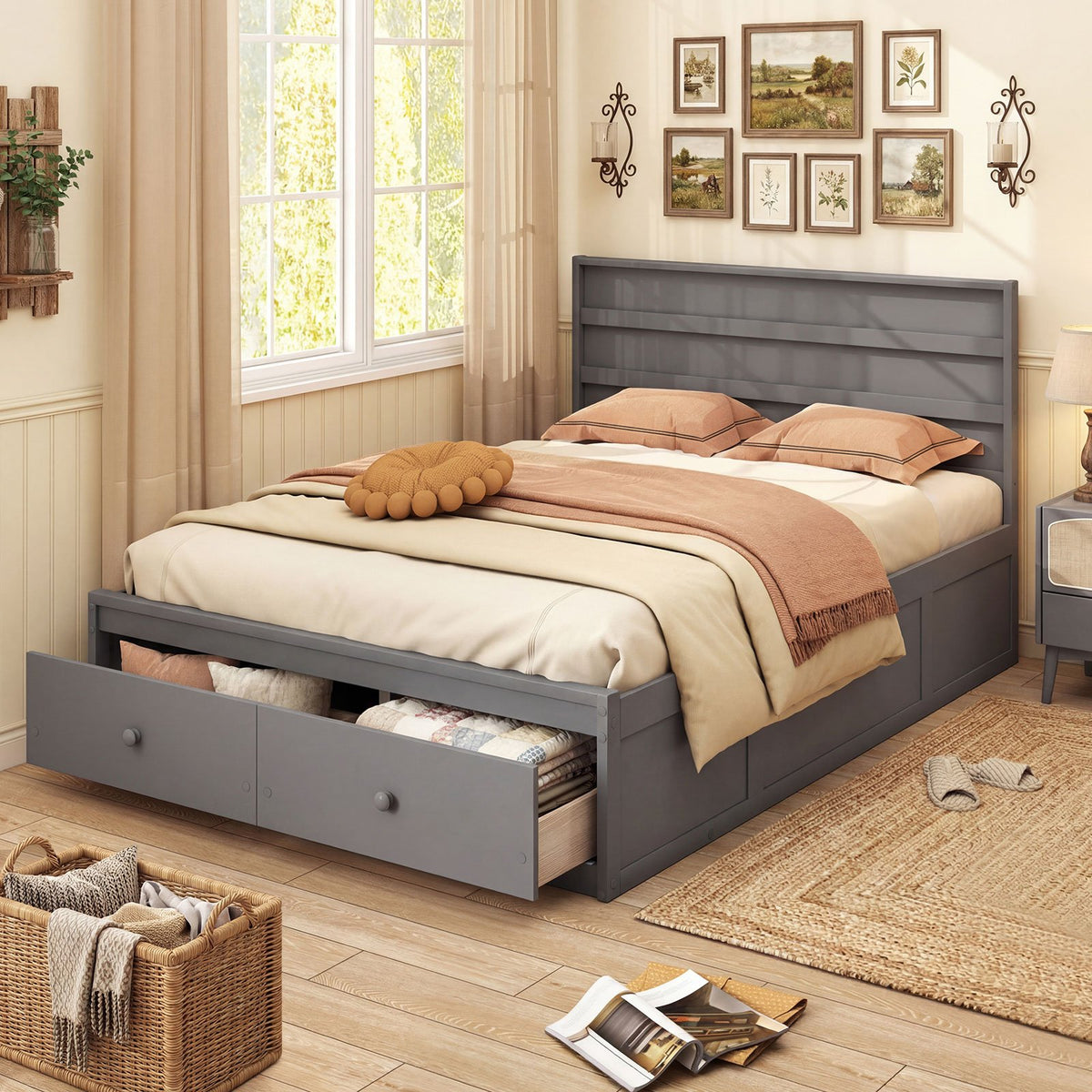 Full Size Wooden Platform Bed Frame with Storage Drawers-Gray view 3