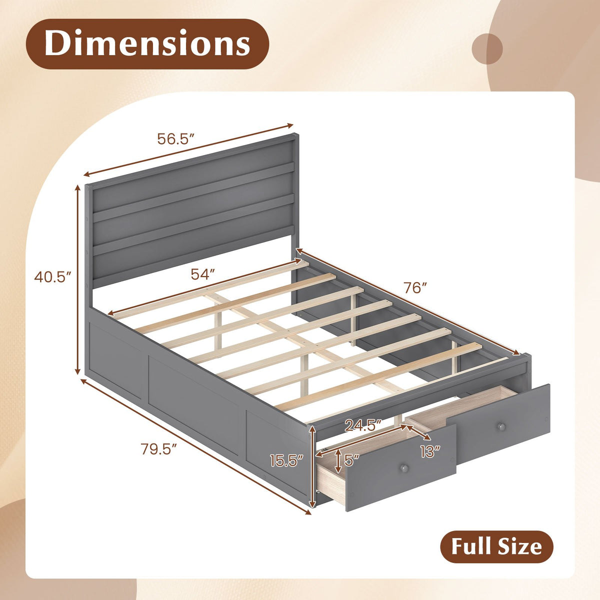 Full Size Wooden Platform Bed Frame with Storage Drawers-Gray view 4