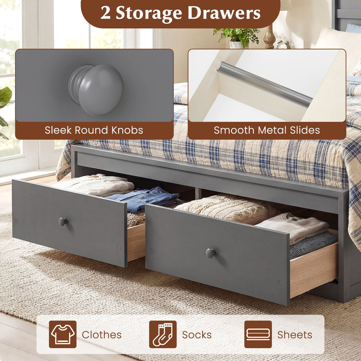 Full Size Wooden Platform Bed Frame with Storage Drawers-Gray view 5