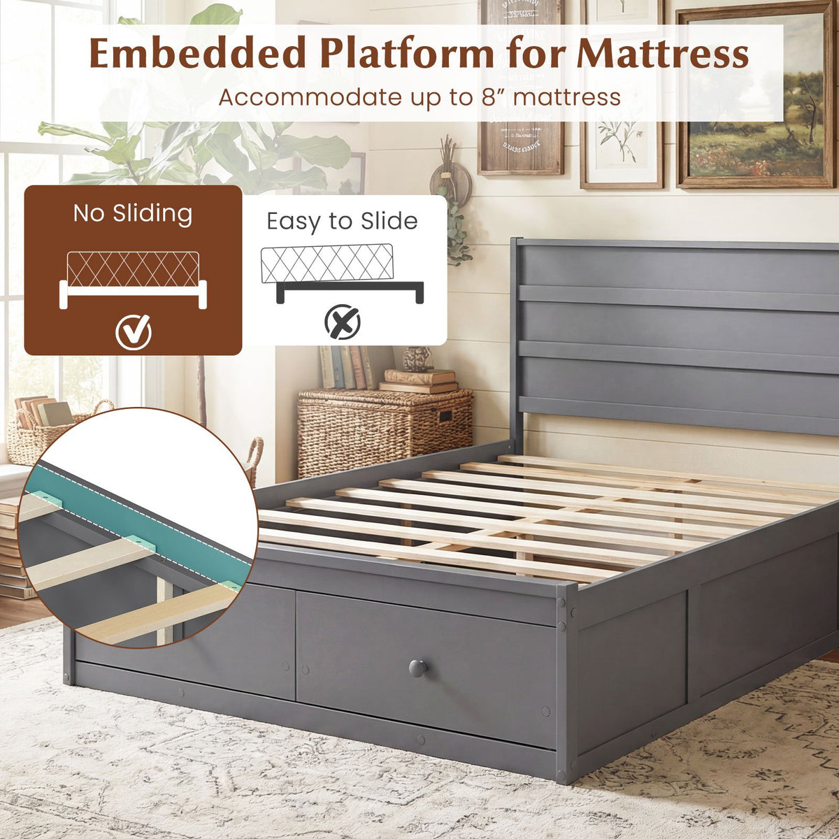 Full Size Wooden Platform Bed Frame with Storage Drawers-Gray view 7