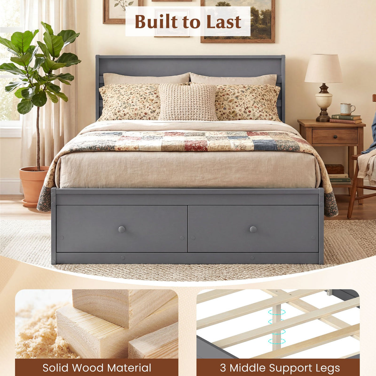 Full Size Wooden Platform Bed Frame with Storage Drawers-Gray view 8
