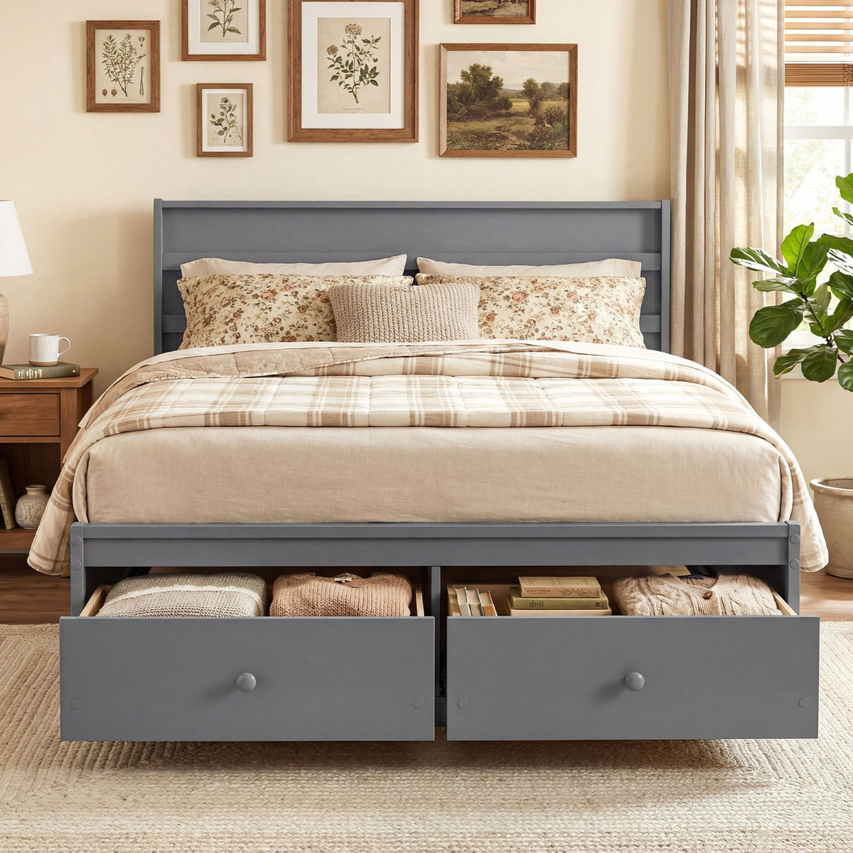 Full Size Wooden Platform Bed Frame with Storage Drawers-Gray view 9