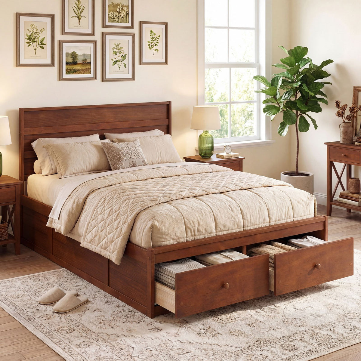 Full Size Wooden Platform Bed Frame with Storage Drawers-Walnut view 2